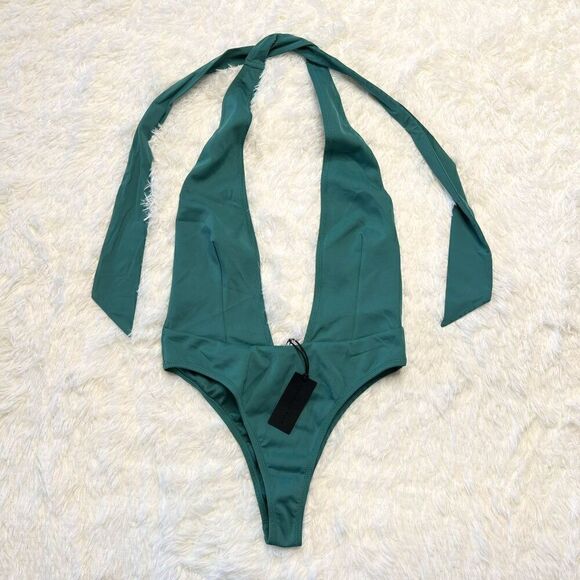 NEW Kendall & Kylie Deep Plunge Halter One Piece Swimsuit in Dusty Jade - Picture 5 of 10